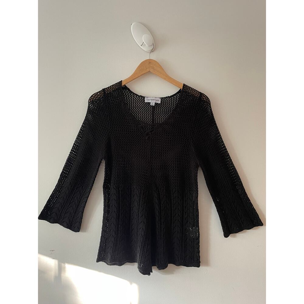 Southern Lady Black Open Knit Beach Tunic V-Neck Bell Sleeve Crochet Blouse S